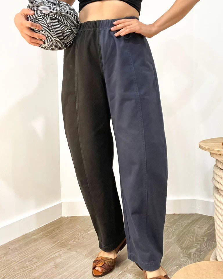 Verity & Daughters Ink black navy colorblock barrel pants with an elastic waist and roomy pockets