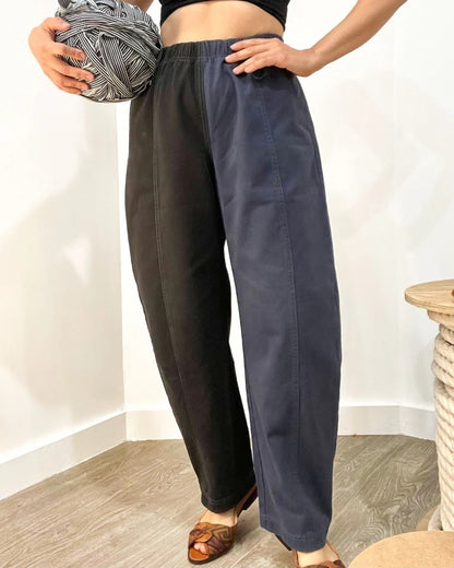Verity & Daughters Ink black navy colorblock barrel pants with an elastic waist and roomy pockets