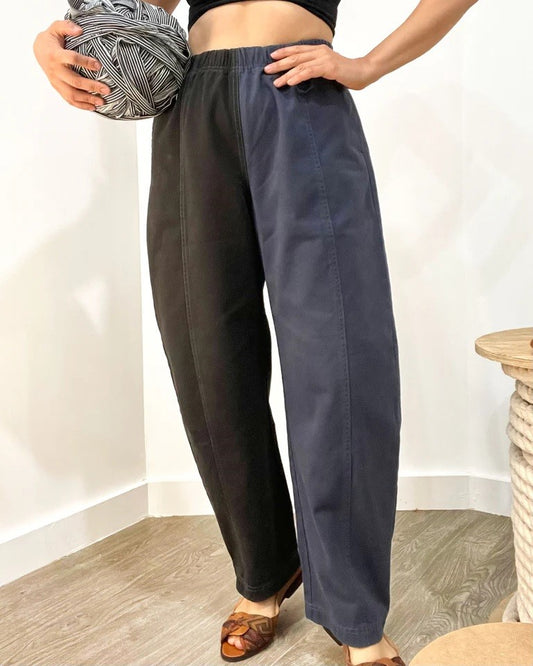 Verity & Daughters Ink black navy colorblock barrel pants with an elastic waist and roomy pockets