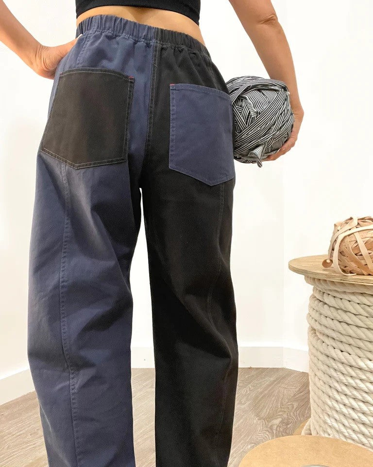 Verity & Daughters Ink black navy colorblock barrel pants with an elastic waist and roomy pockets
