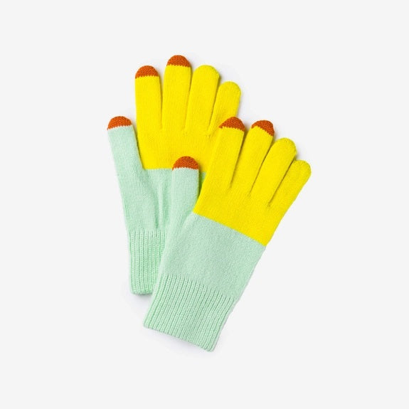 Upcycled jade & yellow knit touchscreen acrylic gloves by Verloop.