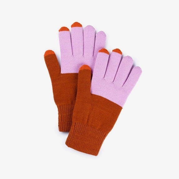 Upcycled rust & lilac knit touchscreen acrylic gloves by Verloop.