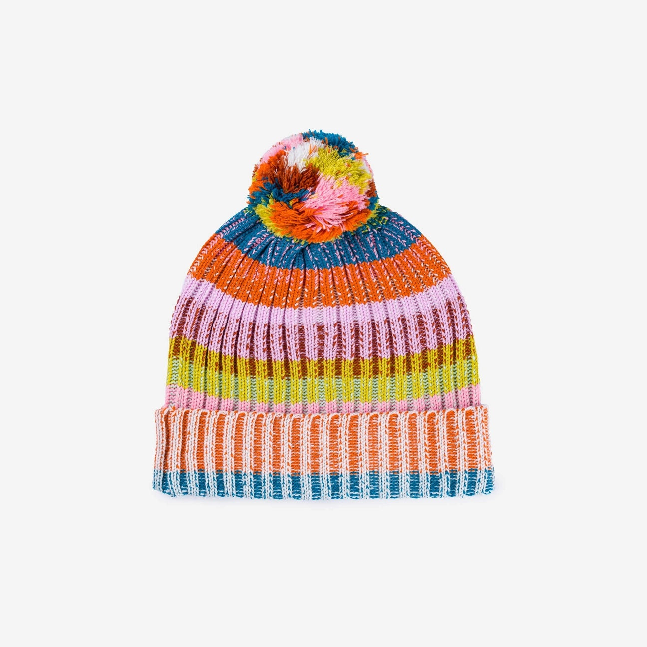 Mosaic stripe pom beanie by Verloop at Clad, a sustainable slow fashion clothing store in Asheville, NC