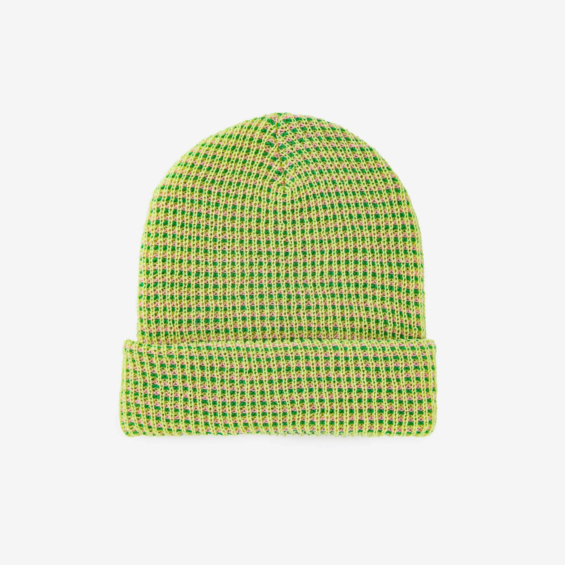 Lime grid knit beanie made from deadstock yarn by Verloop Knits.