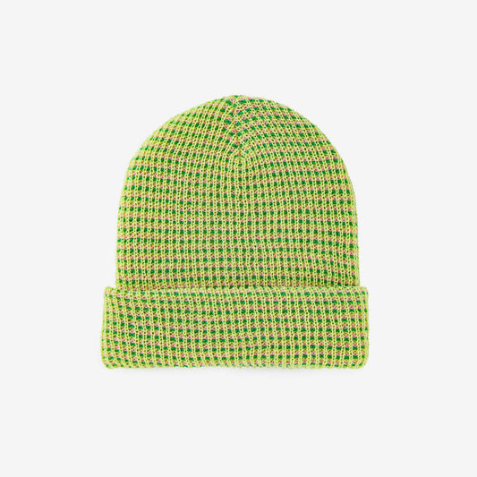 Lime grid knit beanie made from deadstock yarn by Verloop Knits.