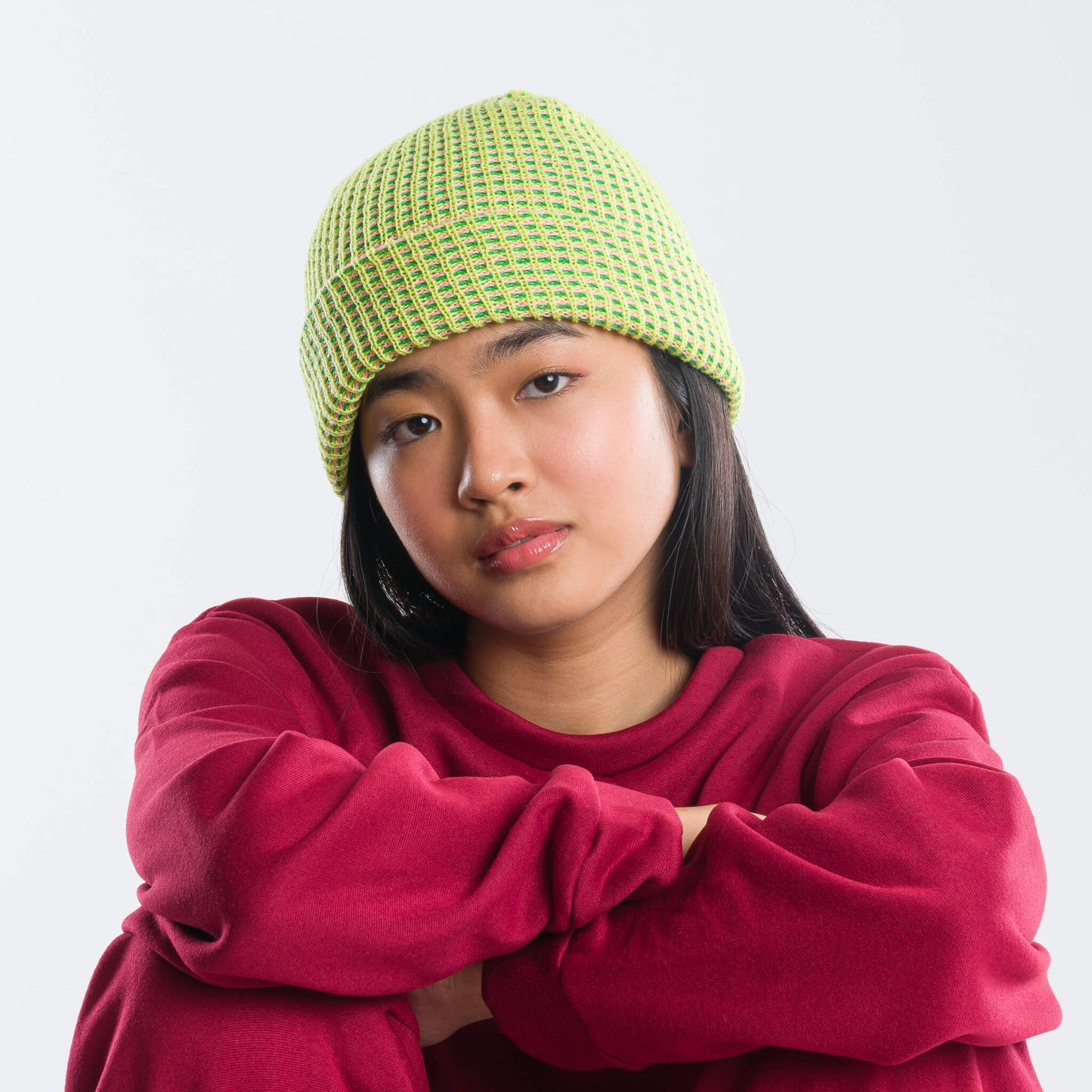 Lime grid knit beanie made from deadstock yarn by Verloop Knits.