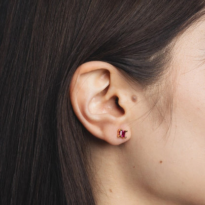 Wolf Circus pink ruby gemstone stud earrings at Clad, a sustainable clothing store in Asheville, NC