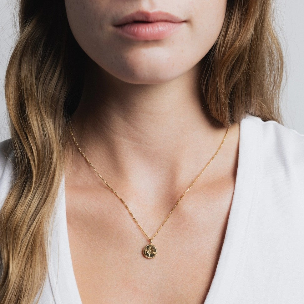 Rose coin charm necklace by Wofld Circus with figaro gold chain